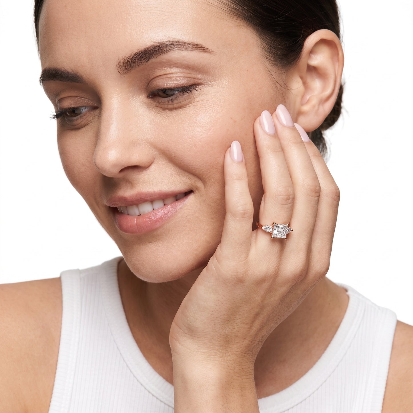 Faye Three-Stone Trellis Princess Diamond Ring in Rose Gold - model.jpg