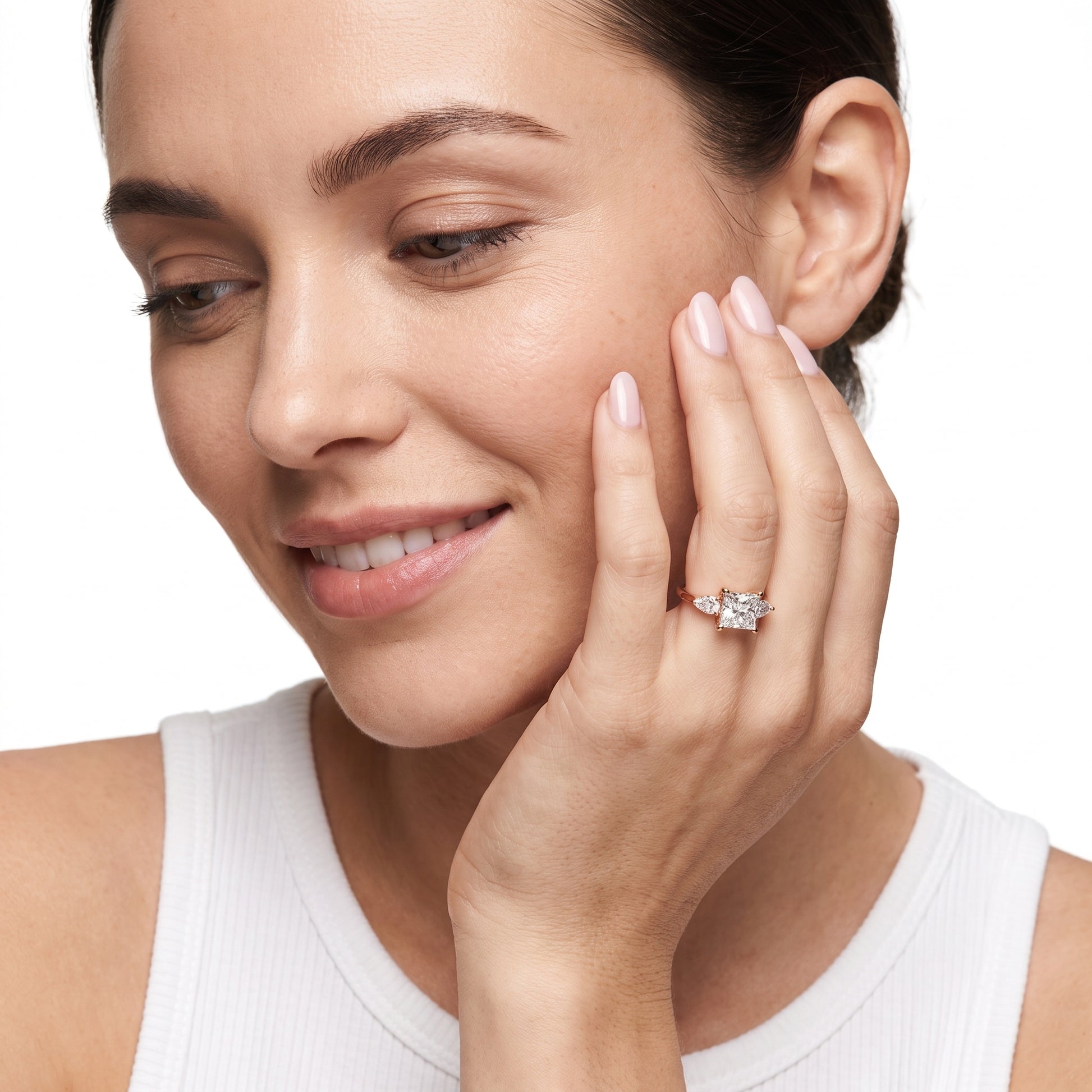 Faye Three-Stone Trellis Princess Diamond Ring in Rose Gold - model.jpg