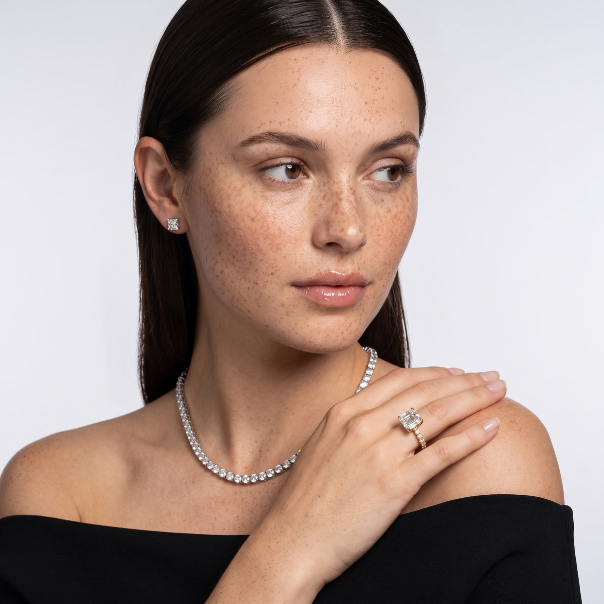 Autumn Statement Pavé Asscher Diamond Engagement Ring in White Gold - model.jpg