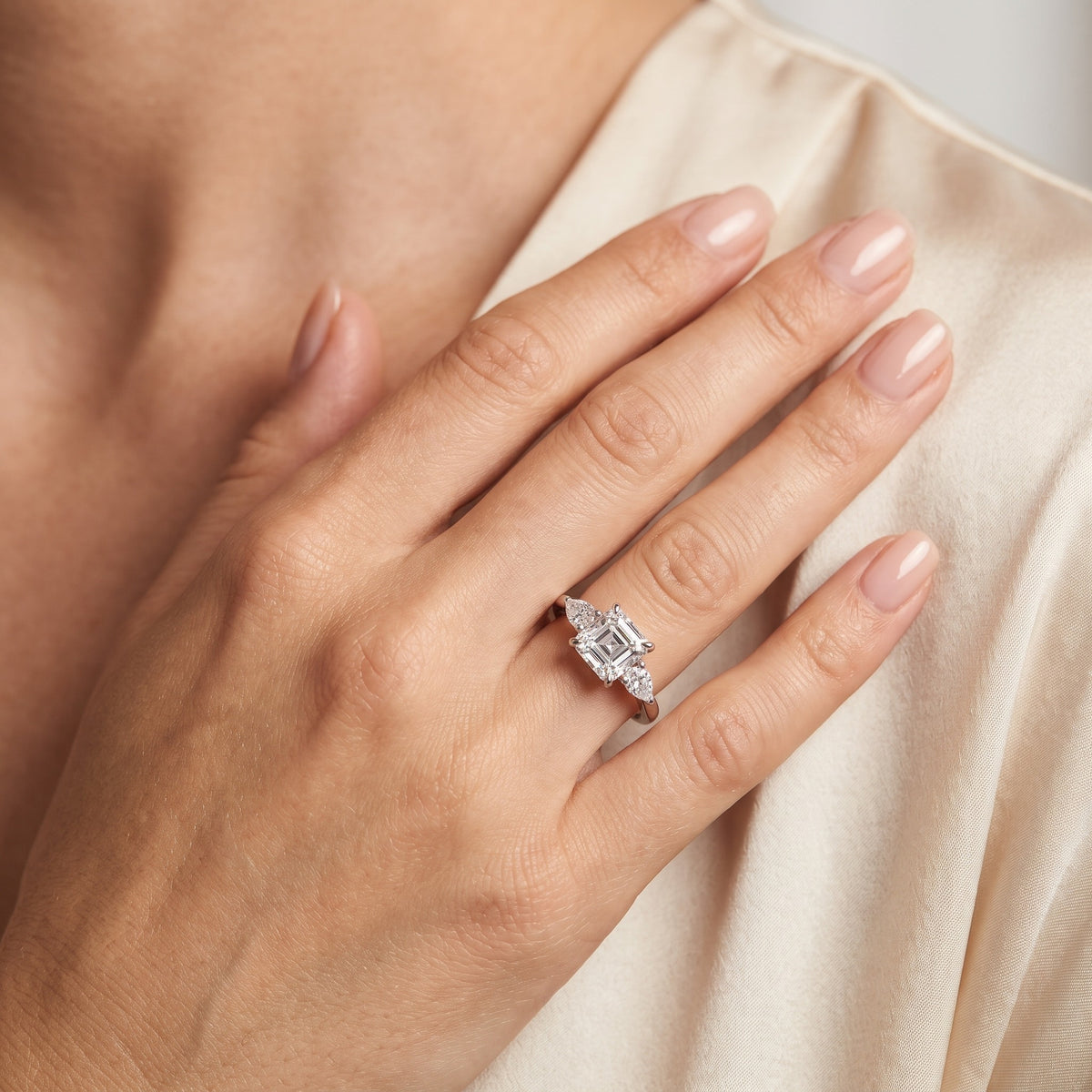 Grace Three Stone Asscher Diamond Engagement Ring in Platinum - model.jpg