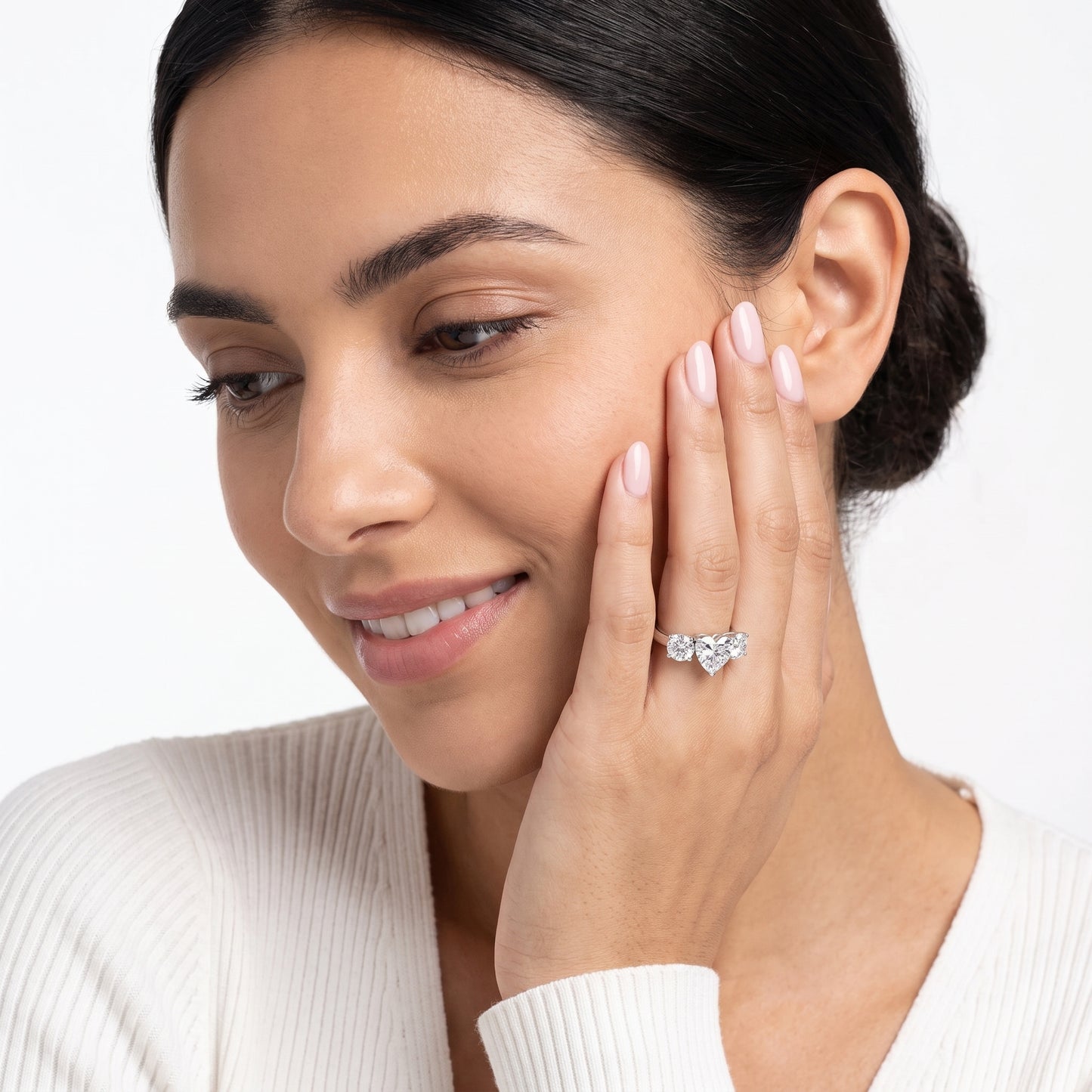 Esme Three-Stone Tapered Heart Diamond Ring in Silver - model.jpg