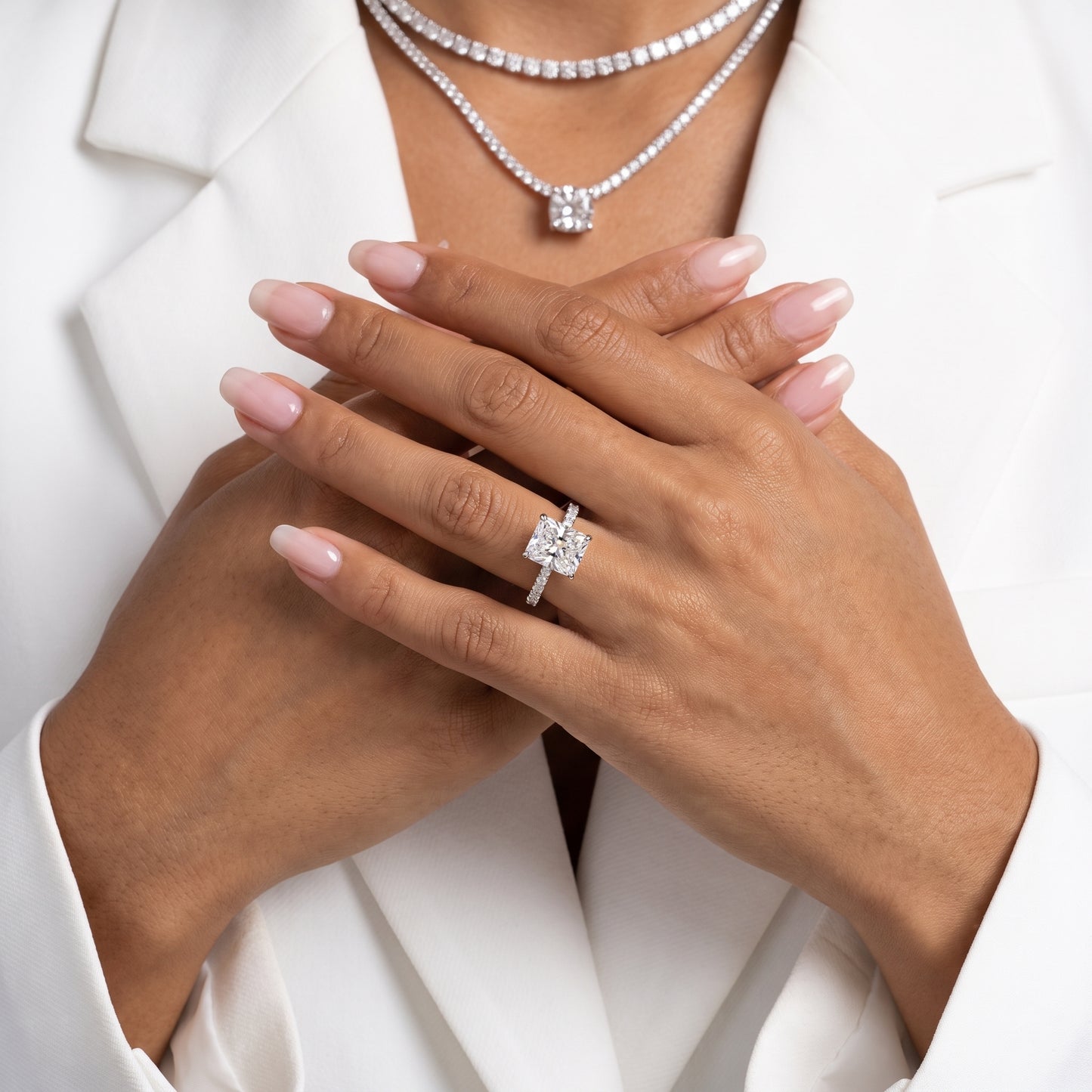Gia Hidden Halo Pavé Radiant Diamond Ring in Platinum - model.jpg