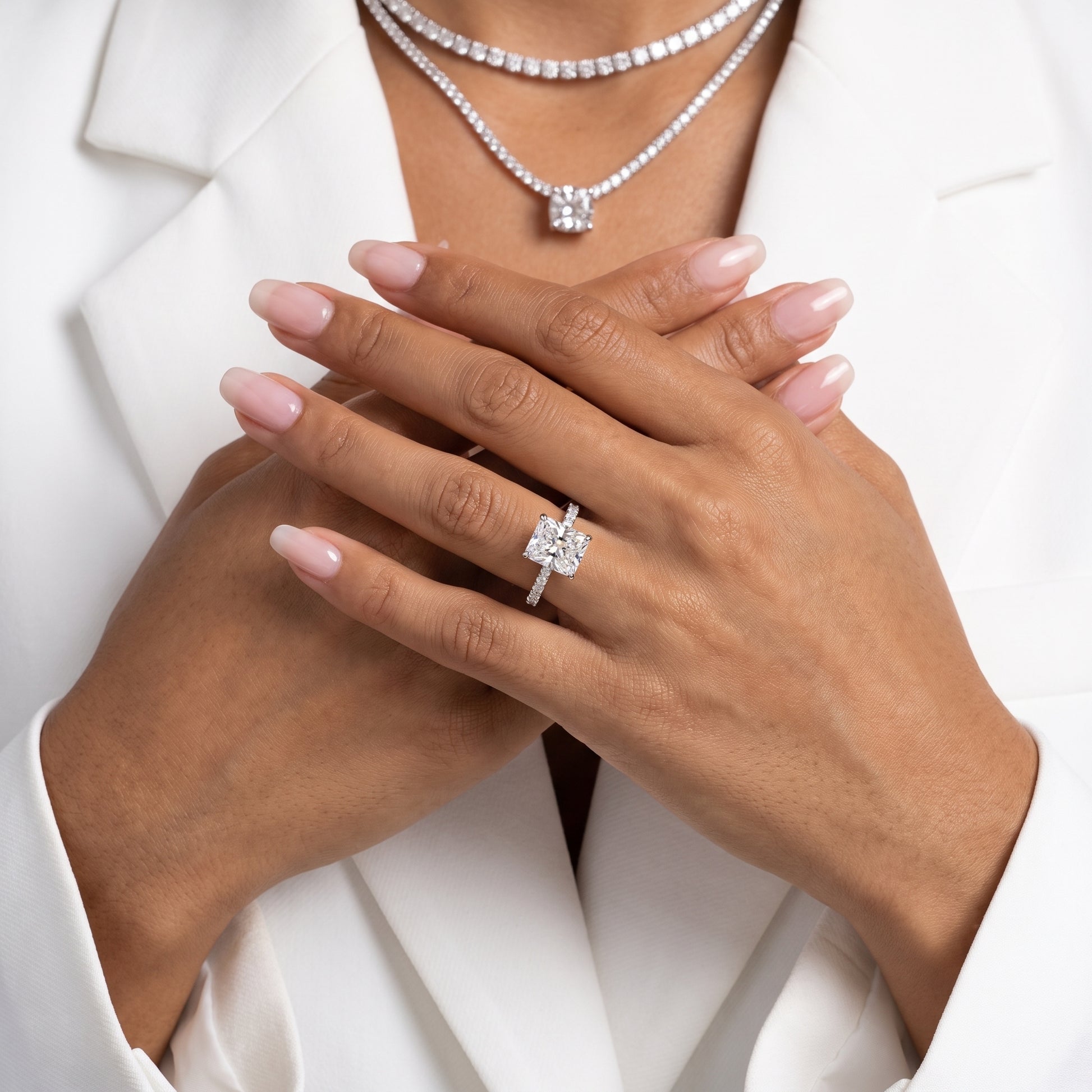 Gia Hidden Halo Pavé Radiant Diamond Ring in Platinum - model.jpg