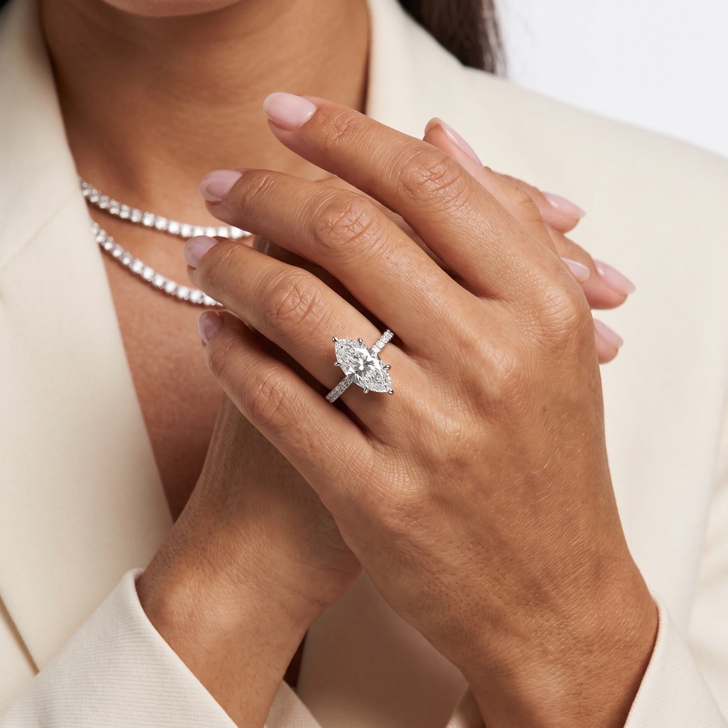 Maya Hidden Halo Pavé Marquise Diamond Engagement Ring in Silver - model.jpg