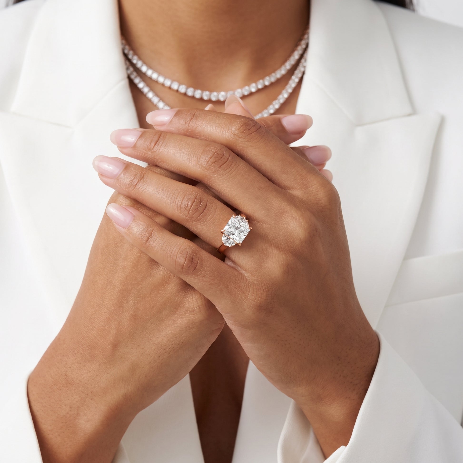 Romy Three-Stone Princess Diamond Engagement Ring in Rose Gold - model.jpg