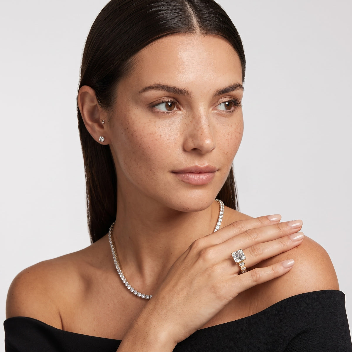 Vittoria Graduated Bezel Asscher Diamond Engagement Ring in Platinum - model.jpg