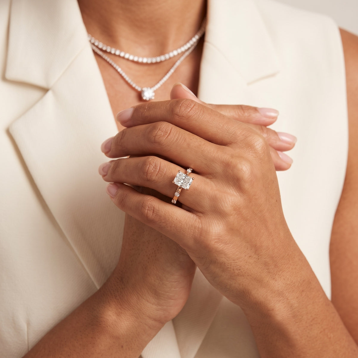 Elena Radiance Radiant Diamond Engagement Ring in Rose Gold - model.jpg