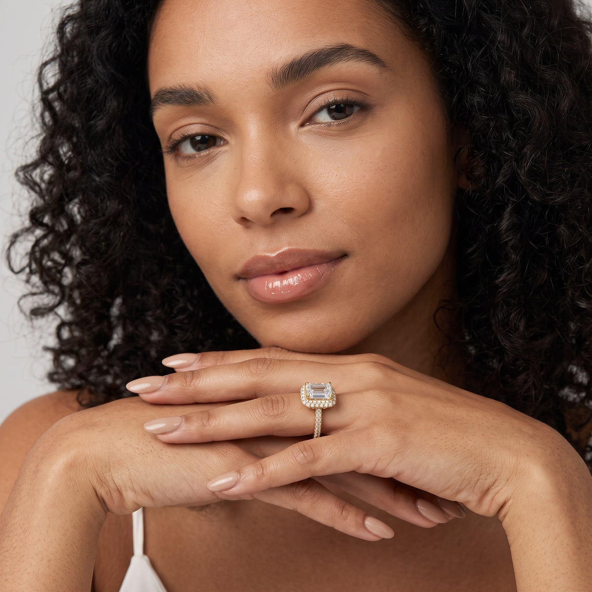 Fallon Halo Micropavé Emerald Diamond Engagement Ring in Silver - model.jpg