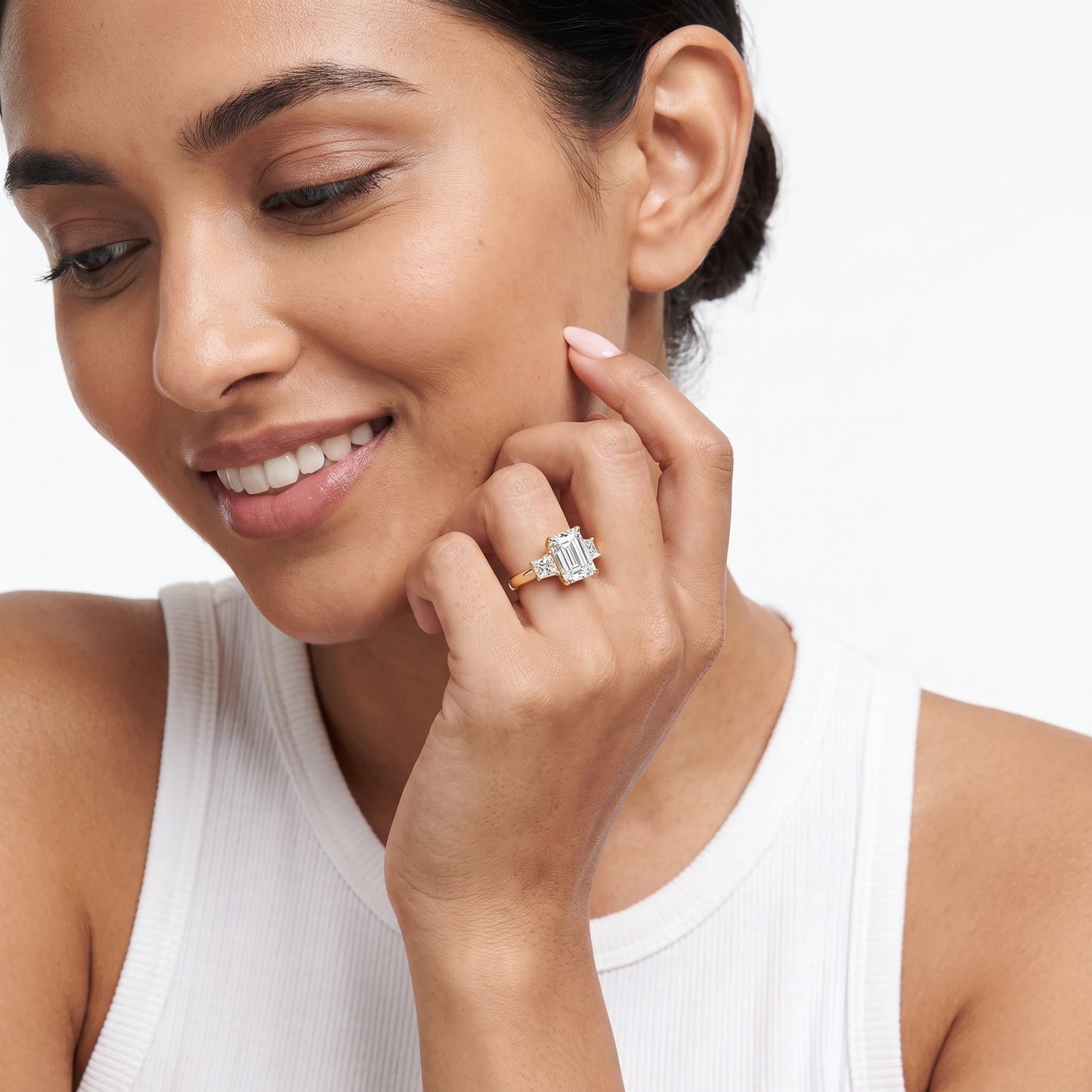 Selena Three-Stone Basket Emerald Diamond Ring in Yellow Gold - model.jpg
