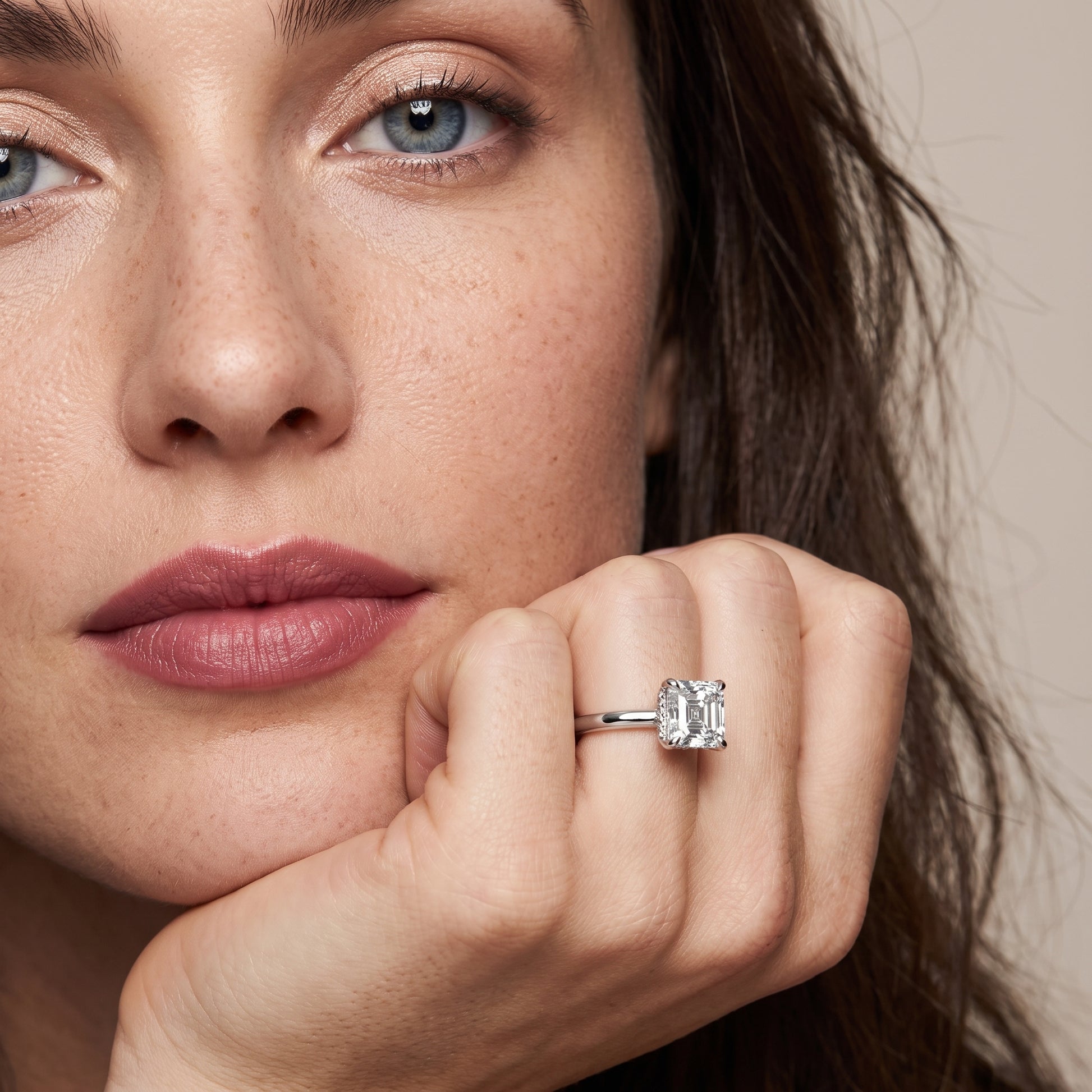 Amaya Hidden Halo Asscher Diamond Ring in White Gold - model.jpg