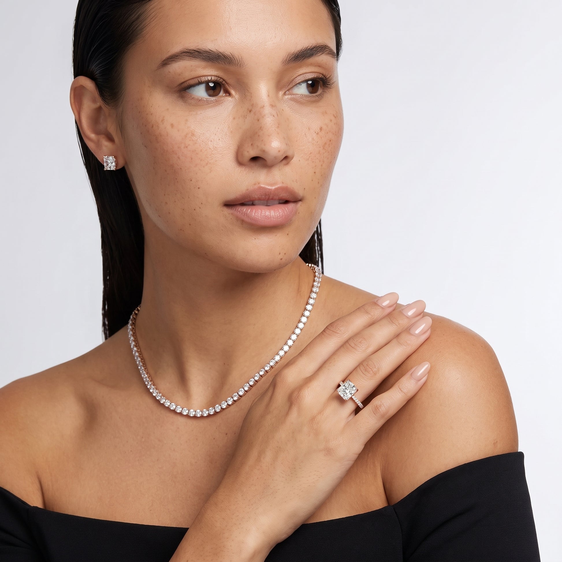 Aisha Pavé Solitaire Radiant Diamond Engagement Ring in Rose Gold - model.jpg