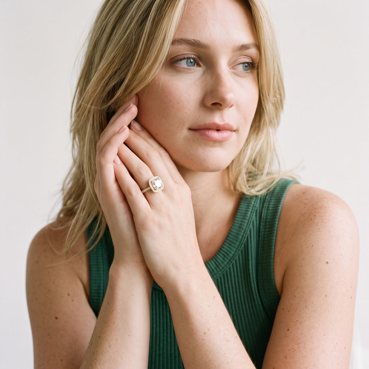 Nettie Halo Pavé Cushion Diamond Engagement Ring in Rose Gold - model.jpg