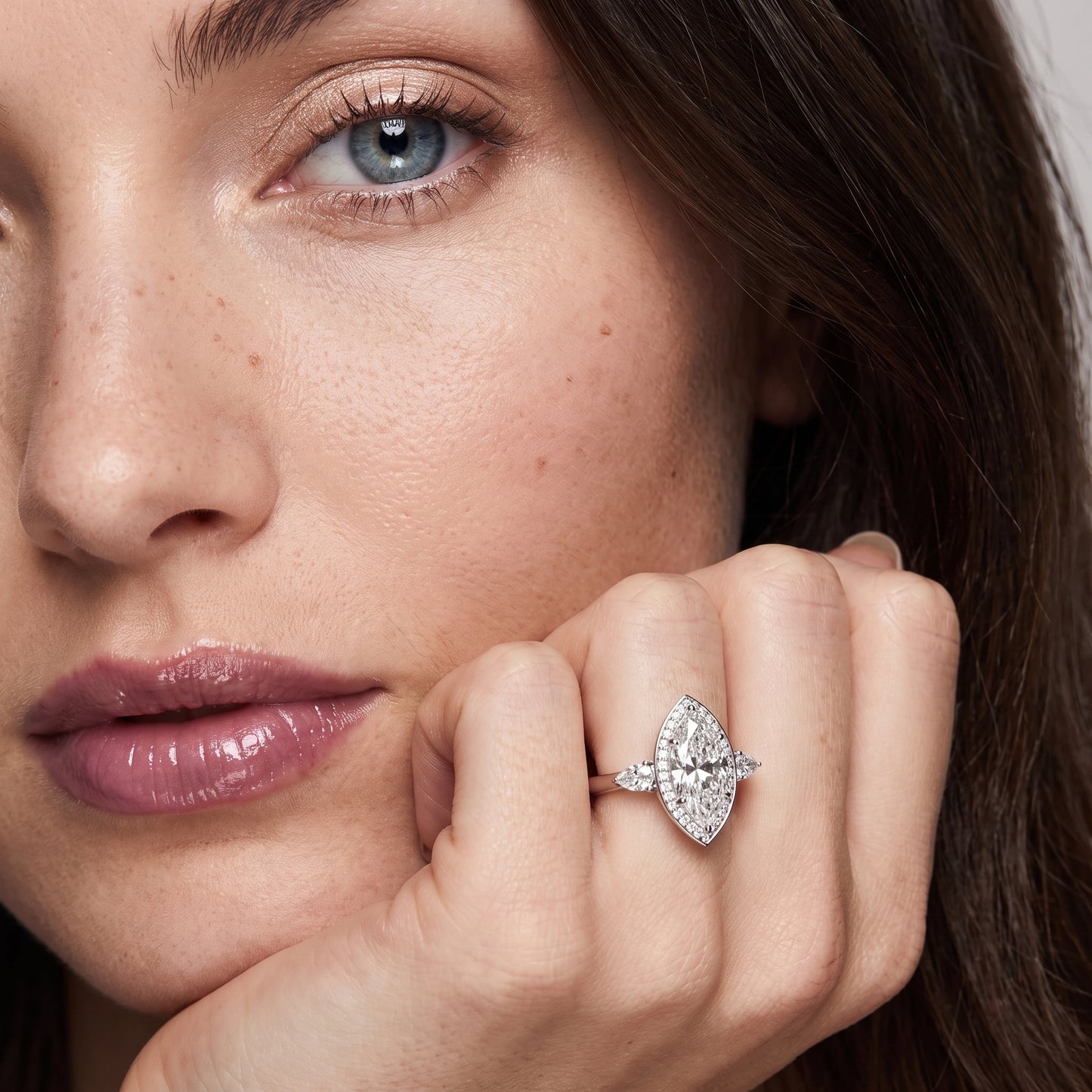 Eliza Halo Sidestone Marquise Diamond Engagement Ring in Silver - model.jpg