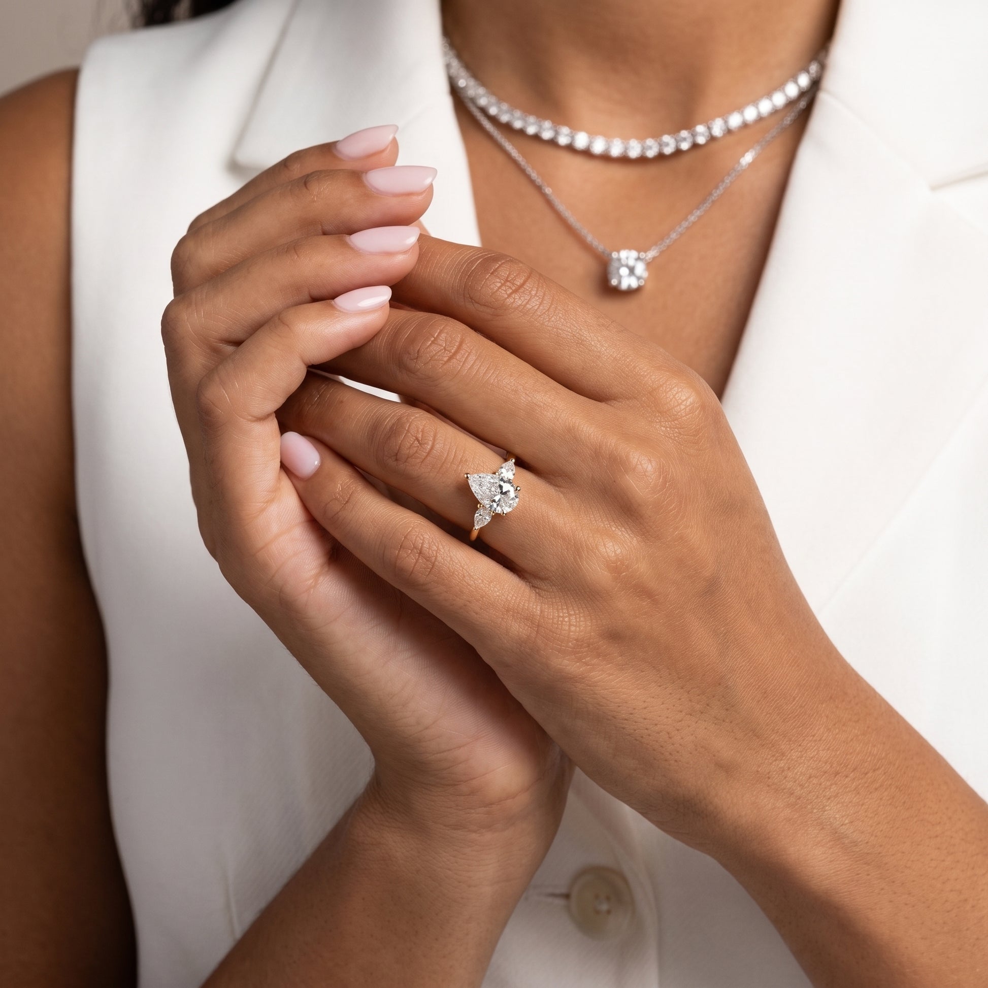 Faye Three-Stone Trellis Pear Diamond Ring in Yellow Gold - model.jpg