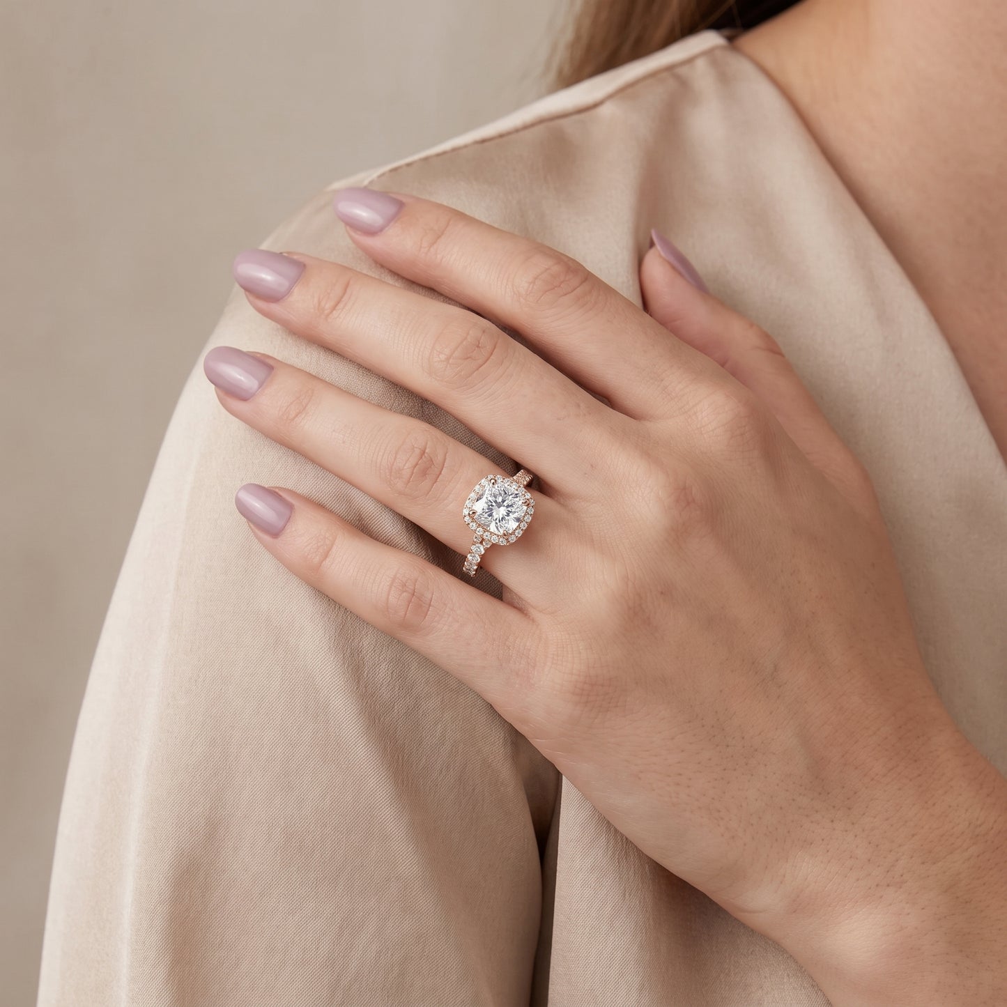 Bella Halo Pavé Cushion Diamond Engagement Ring in Rose Gold - model.jpg