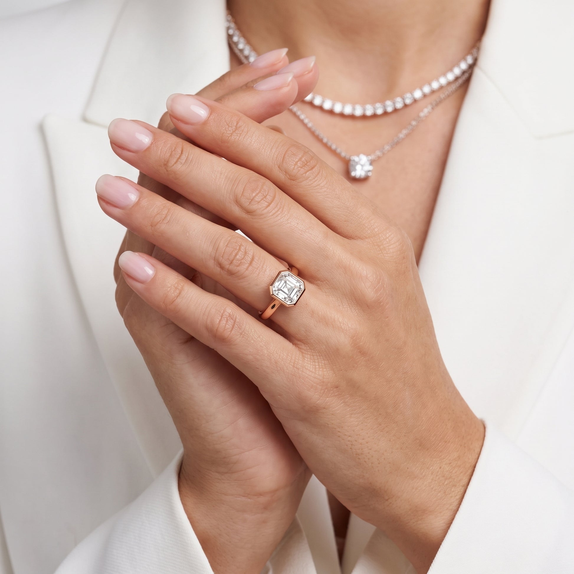 Jolie Bezel Solitaire Asscher Diamond Engagement Ring in Rose Gold - model.jpg