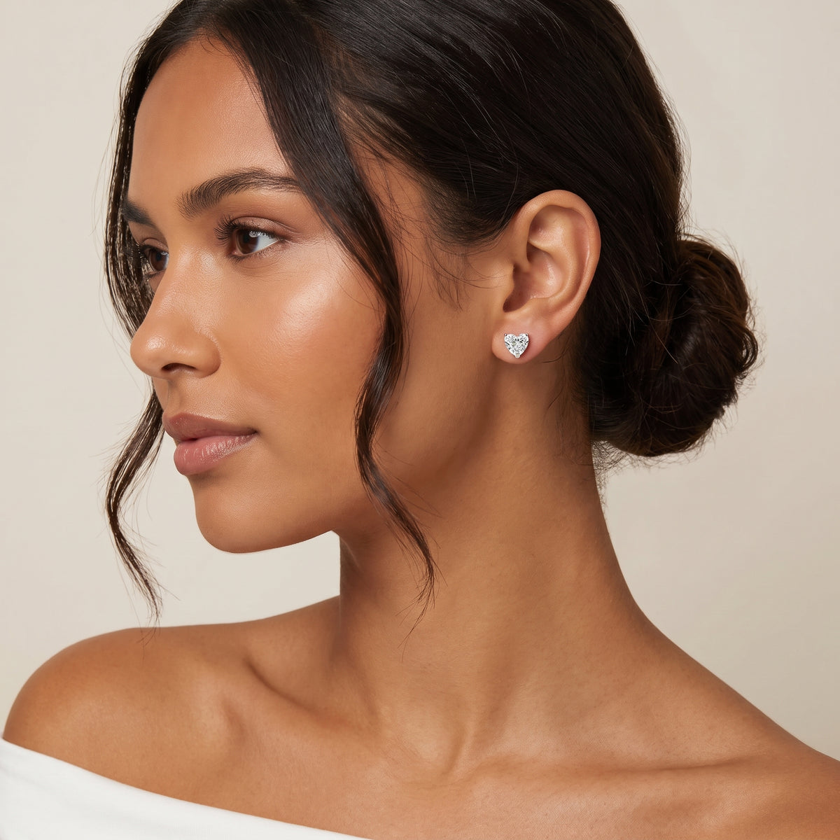 Four Prong Heart Diamond Stud Earrings in Rose Gold - on model