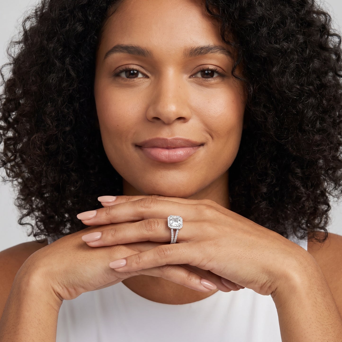 Kira Halo Split Shank Asscher Diamond Engagement Ring in Silver - model.jpg