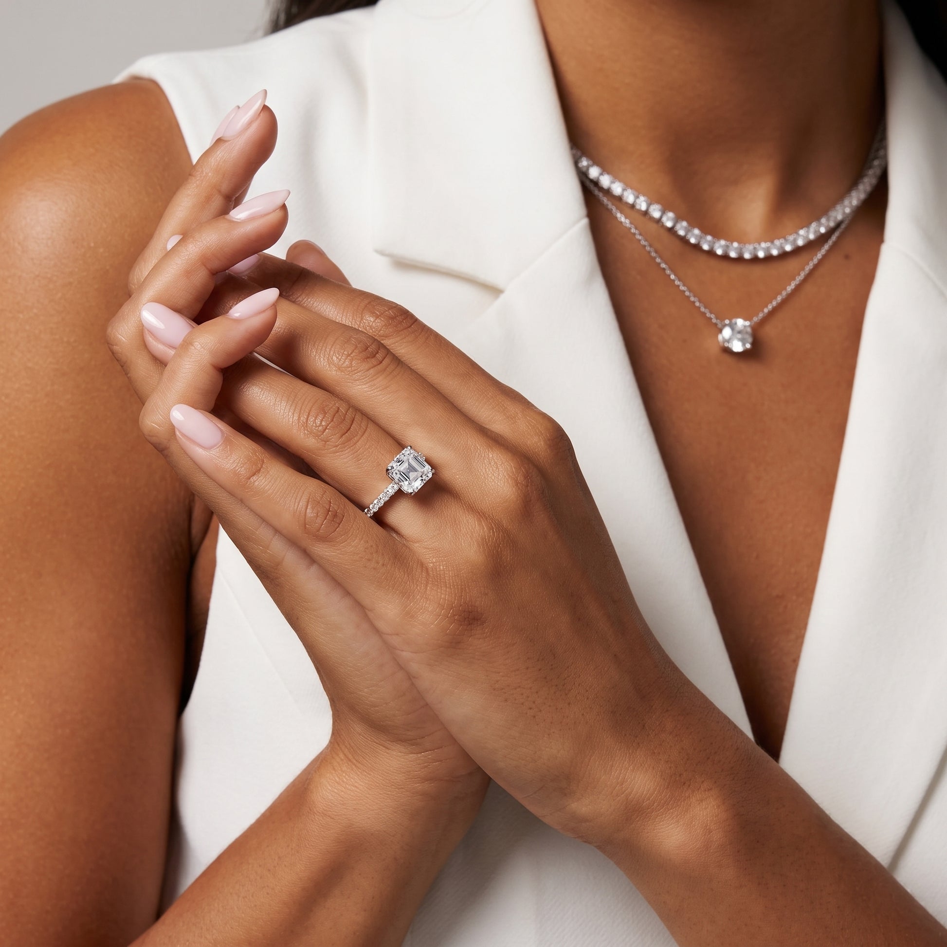 Veda Split Shank Pavé Asscher Diamond Engagement Ring in Platinum - model.jpg