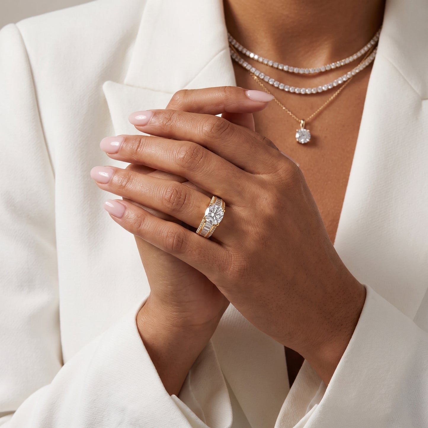 Halle Channel Set Baguette Accent Cushion Diamond Engagement Ring in Yellow Gold - model.jpg