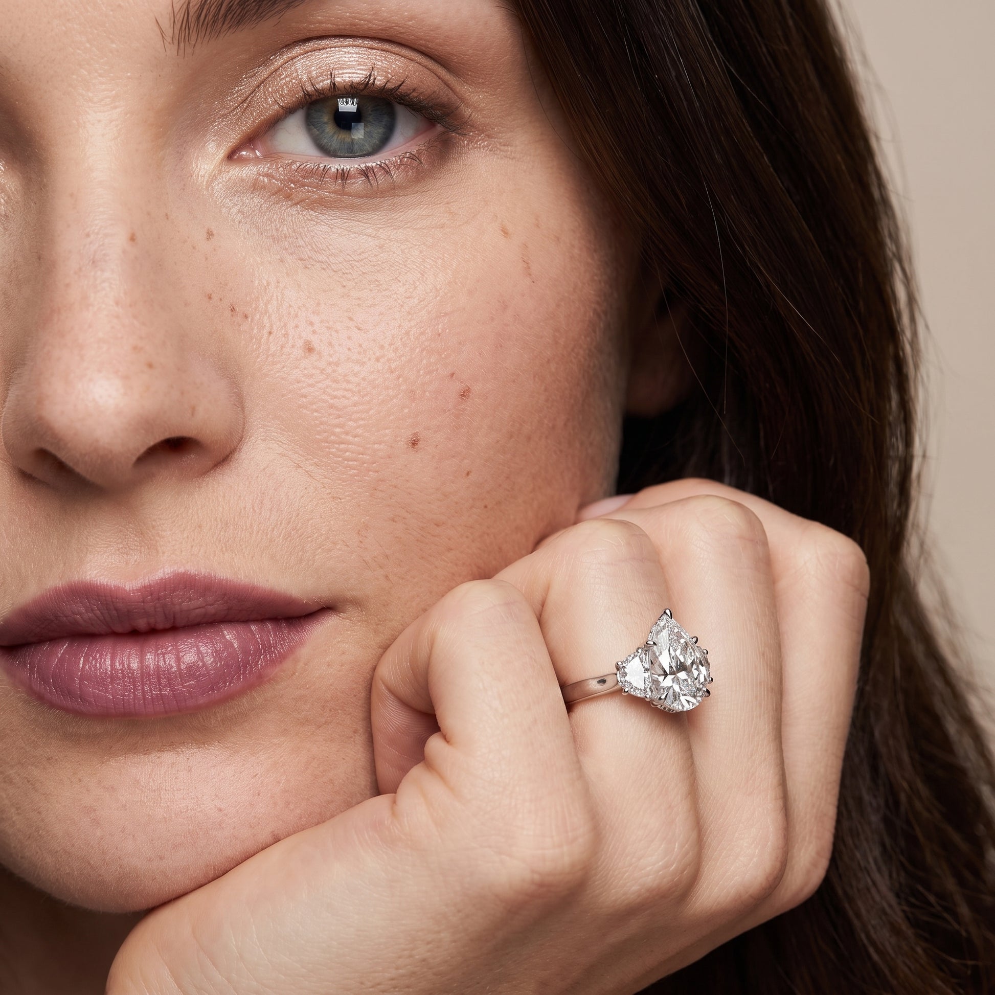 Romy Three-Stone Pear Diamond Engagement Ring in Silver - model.jpg