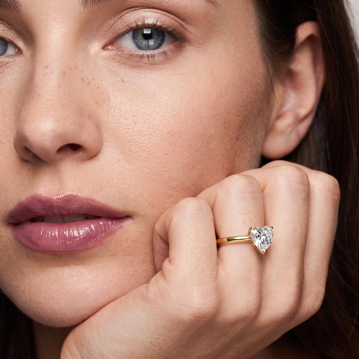 Evie Solitaire Six-Prong Heart Diamond Engagement Ring in Yellow Gold - model.jpg