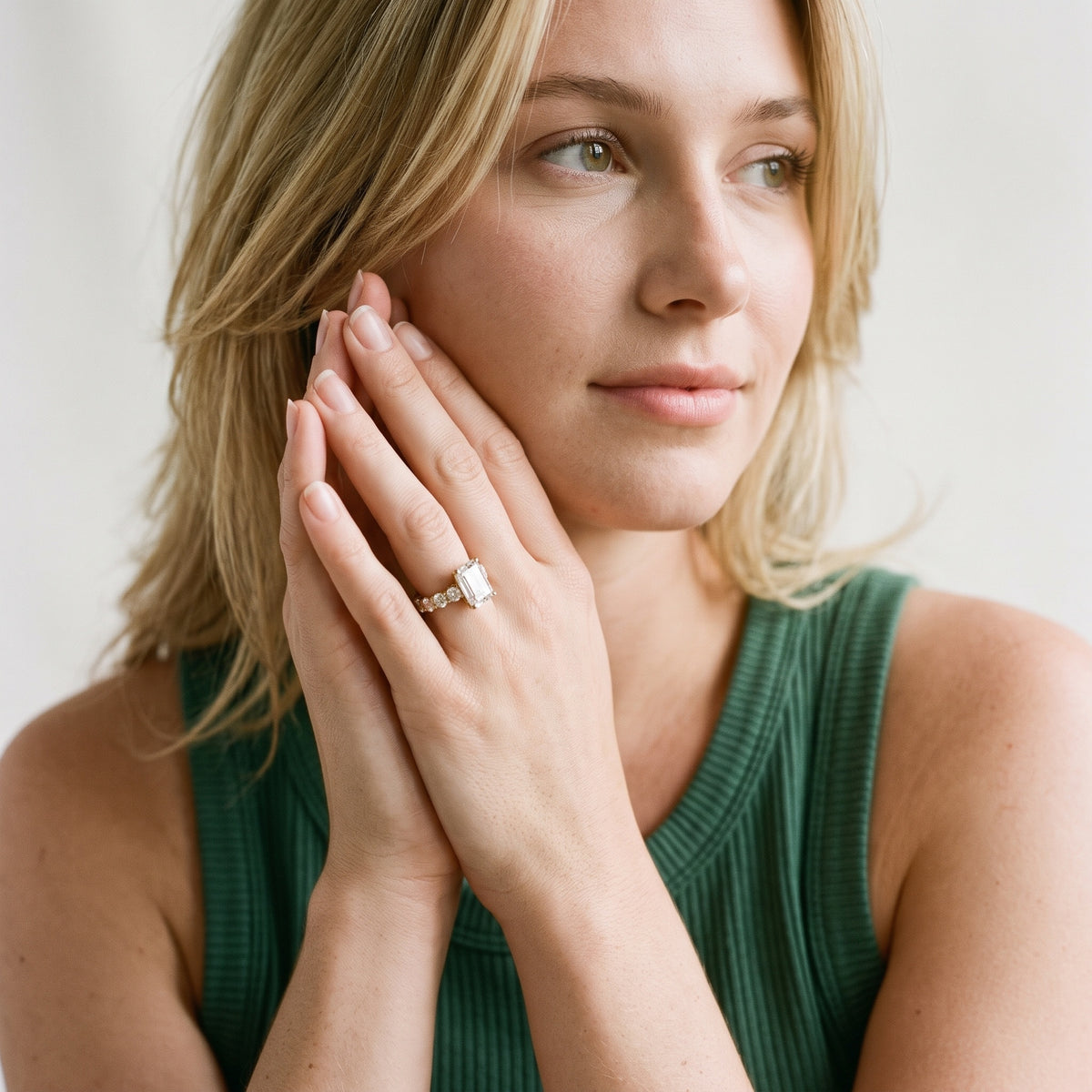 Lenora Scalloped Statement Emerald Diamond Engagement Ring in Rose Gold - model.jpg