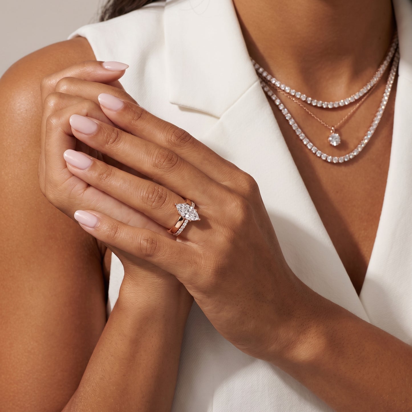 Veda Split Shank Pavé Marquise Diamond Engagement Ring in Rose Gold - model.jpg