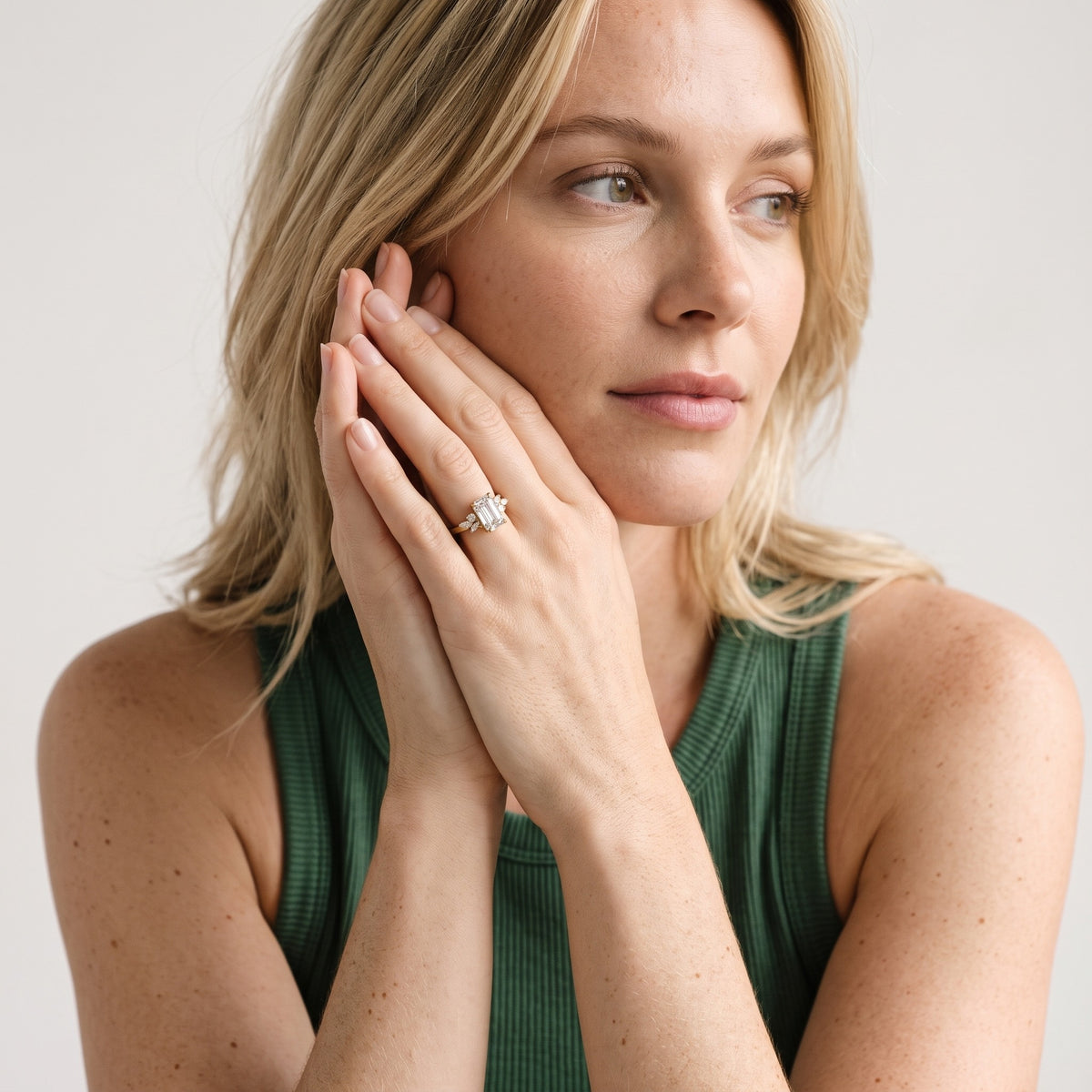 Morgan Baguette Cluster Emerald Diamond Engagement Ring in Silver - model.jpg