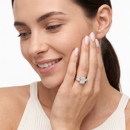 Grace Three Stone Emerald Diamond Engagement Ring in Platinum - model.jpg