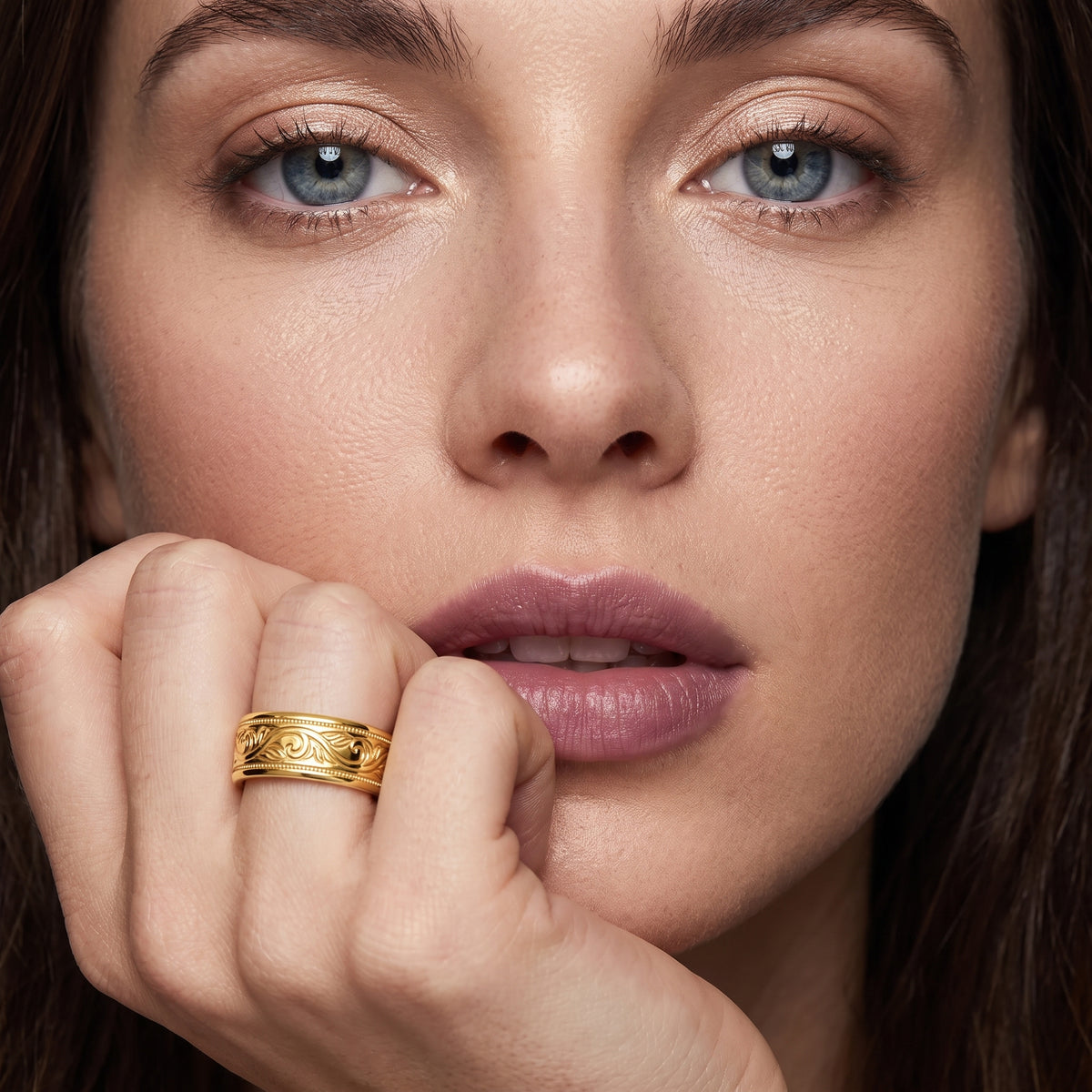 Helena Carved Milgrain Wedding Band in Yellow Gold - model.jpg