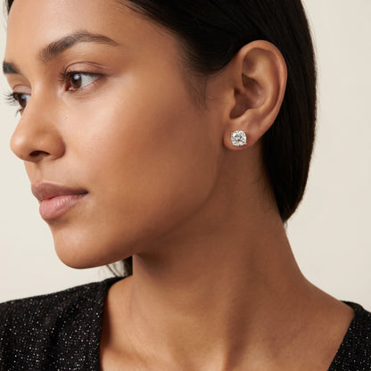 Four Prong Cushion Diamond Stud Earrings in Yellow Gold - on model