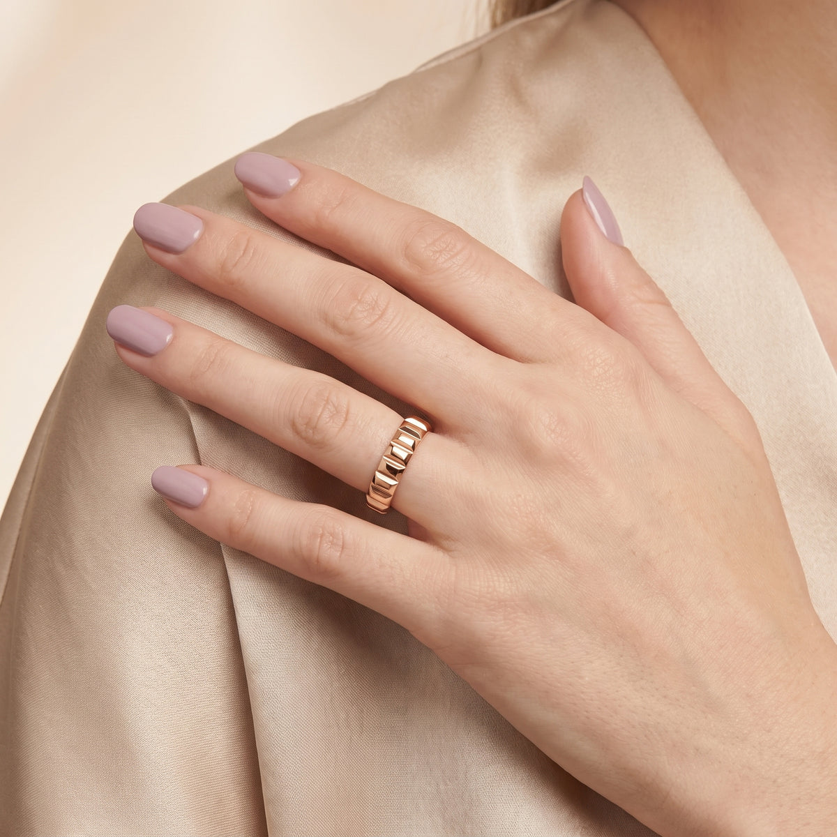 Laurel Grooved Low Dome Wedding Band in Rose Gold - model.jpg