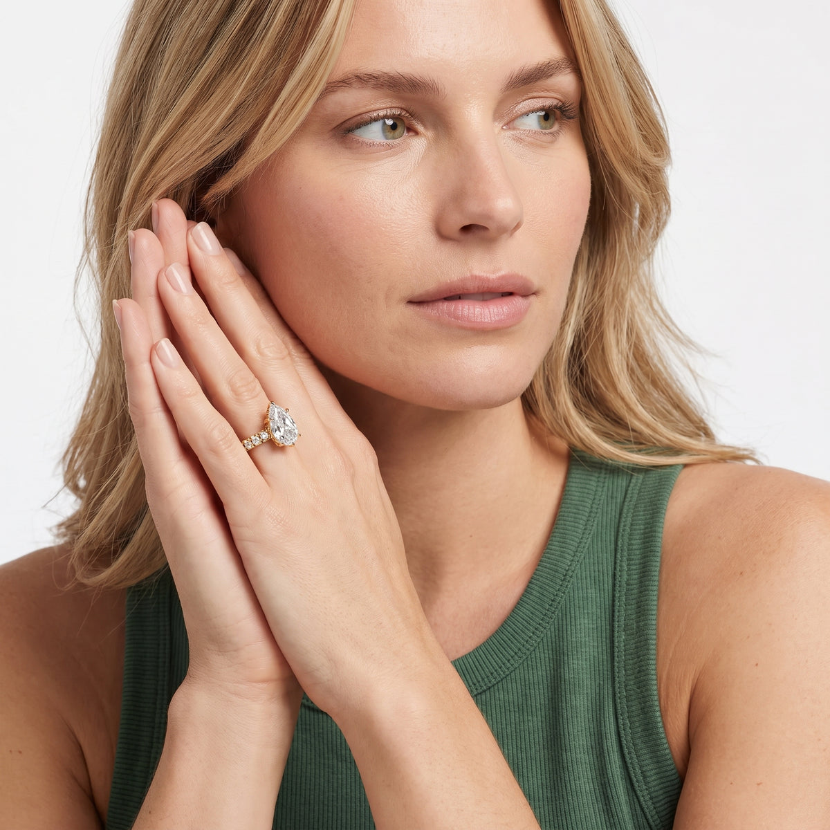 Delaney Hidden Halo French Pavé Step Cut Pear Diamond Engagement Ring in Yellow Gold - model.jpg