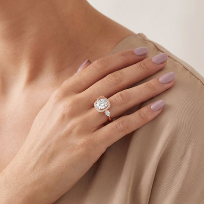 Eliza Halo Sidestone Cushion Diamond Engagement Ring in Rose Gold - model.jpg
