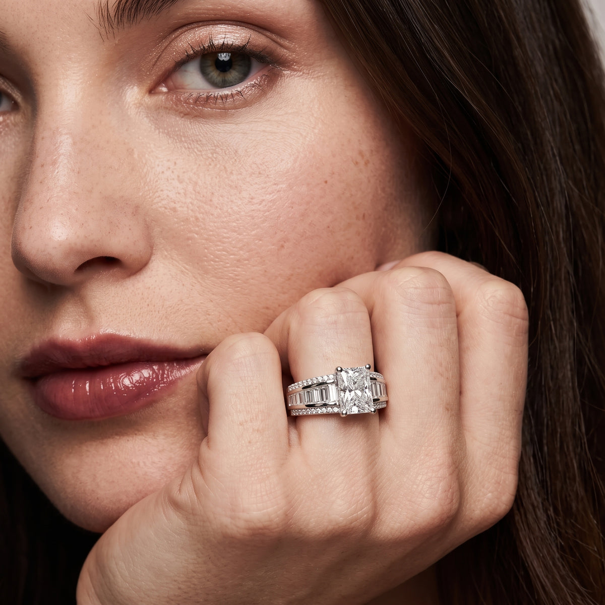 Tara Channel Set Baguette Accent Radiant Diamond Engagement Ring in Platinum - model.jpg