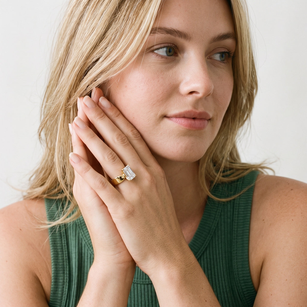 Amalia Wide Band Cathedral Emerald Diamond Engagement Ring in Platinum - model.jpg