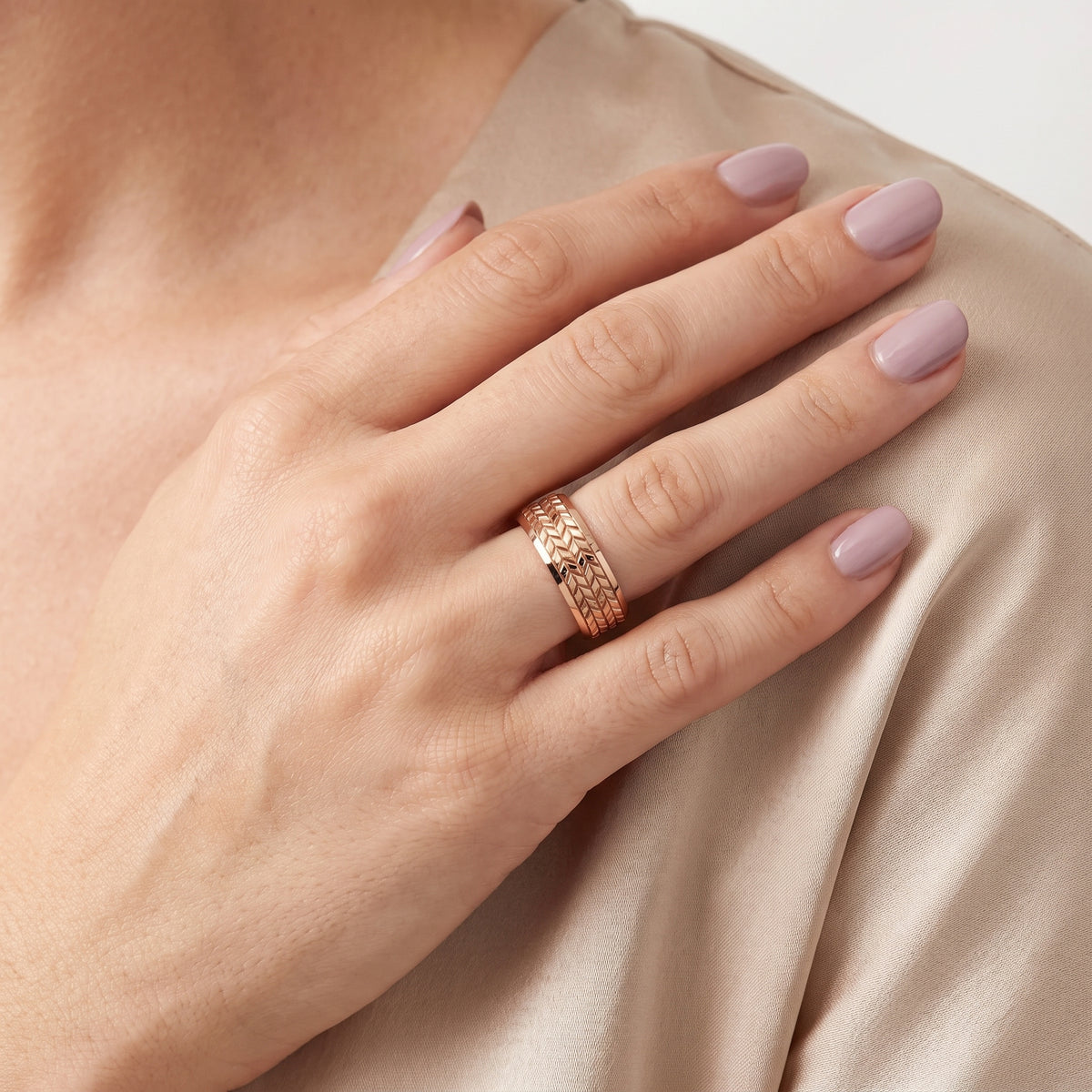 Hazel Carved Step Edge Wedding Band in Rose Gold - model.jpg