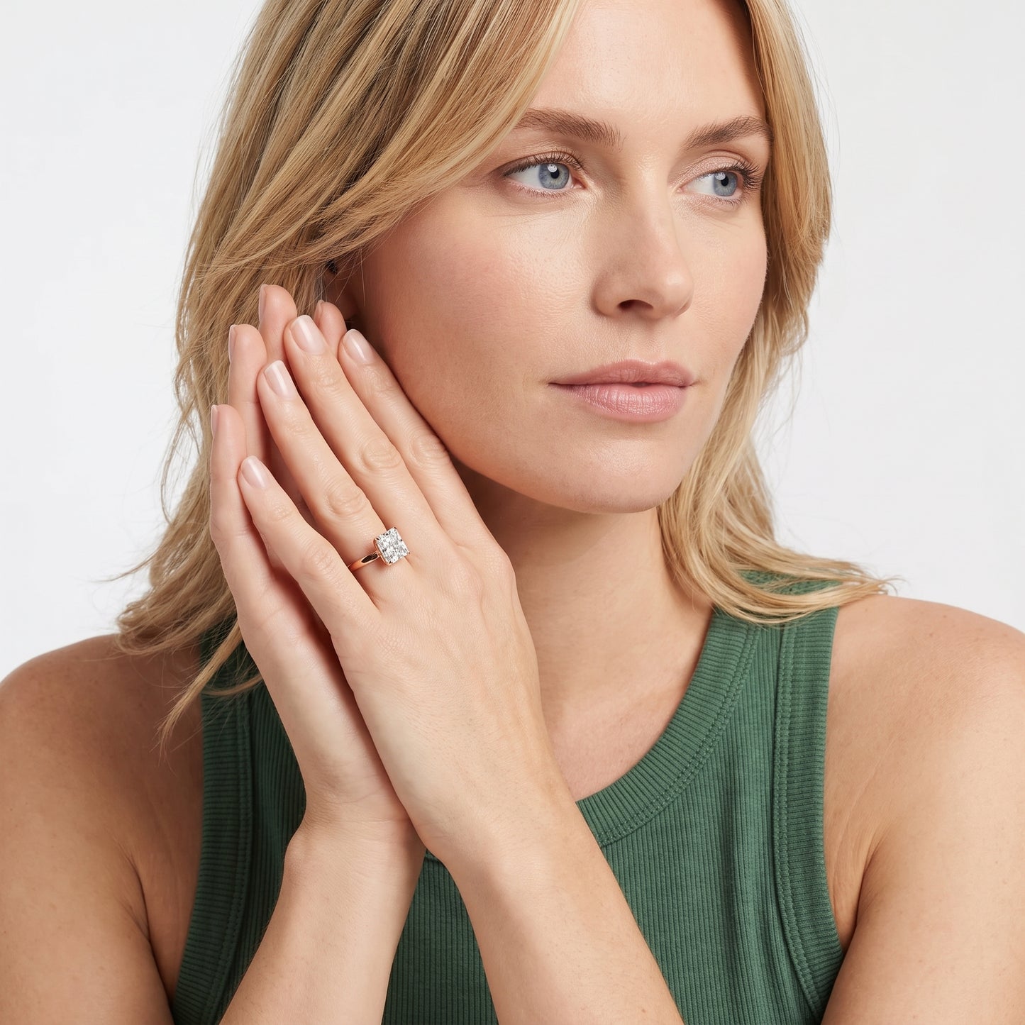 Liana Solitaire Claw Prong Radiant Diamond Engagement Ring in Rose Gold - model.jpg