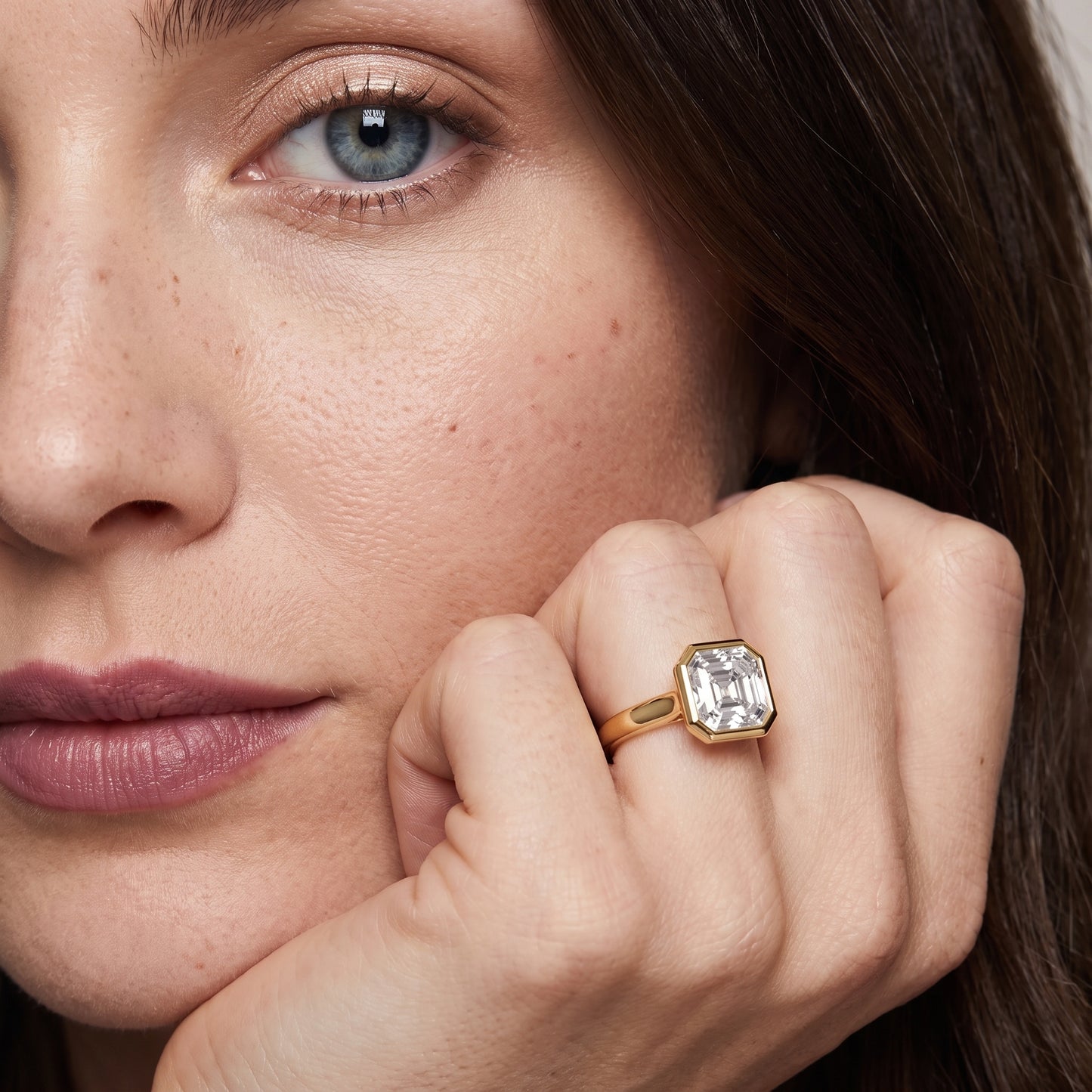 Jolie Bezel Solitaire Asscher Diamond Engagement Ring in Yellow Gold - model.jpg
