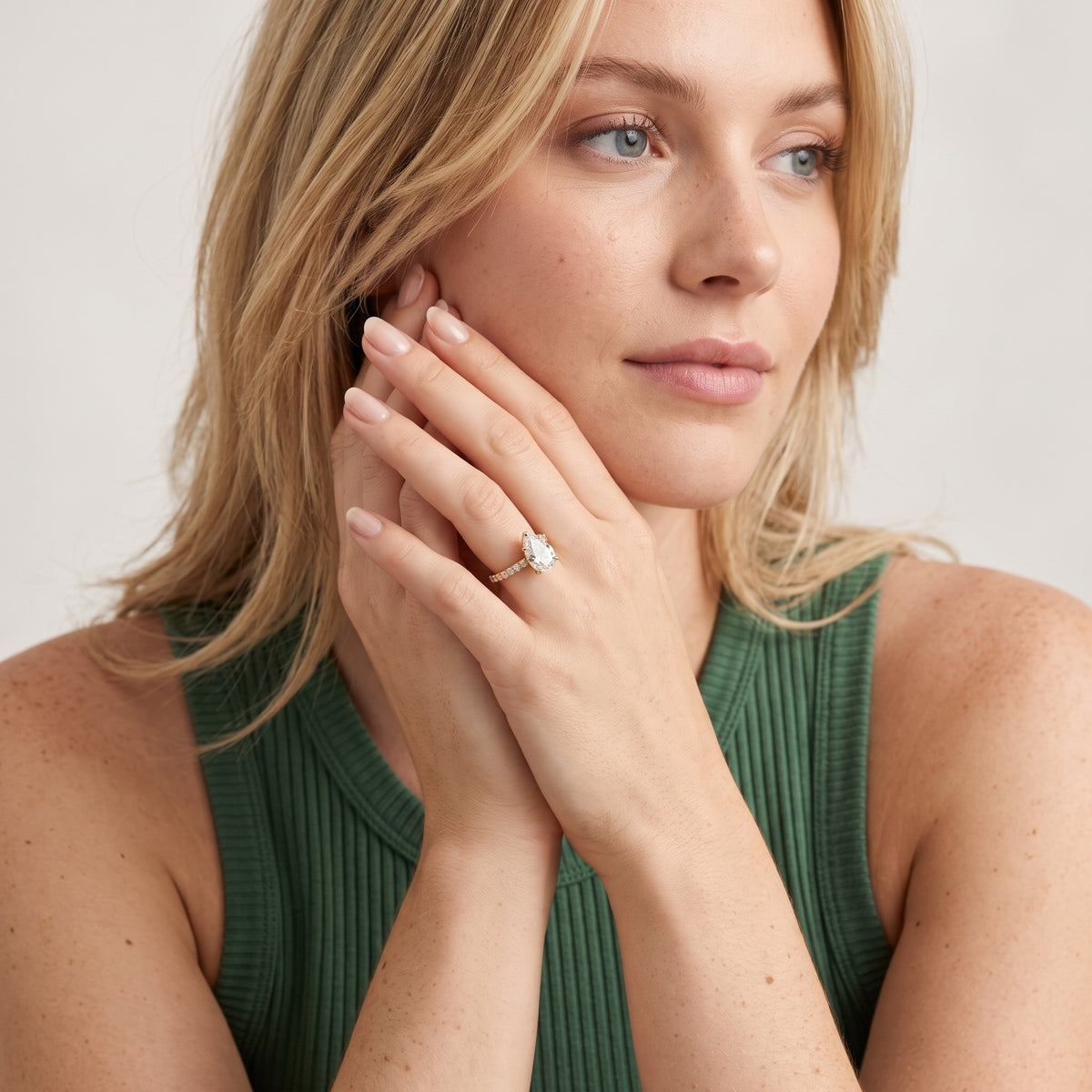 Una Cathedral Pavé Pear Diamond Engagement Ring in Silver - model.jpg