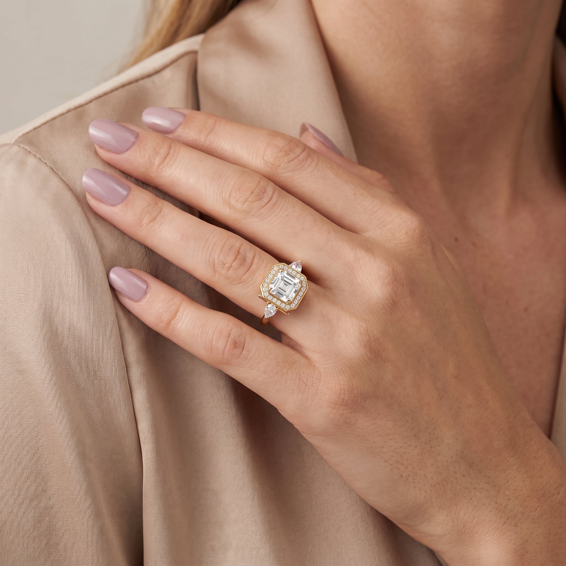 Eliza Halo Sidestone Asscher Diamond Engagement Ring in Yellow Gold - model.jpg