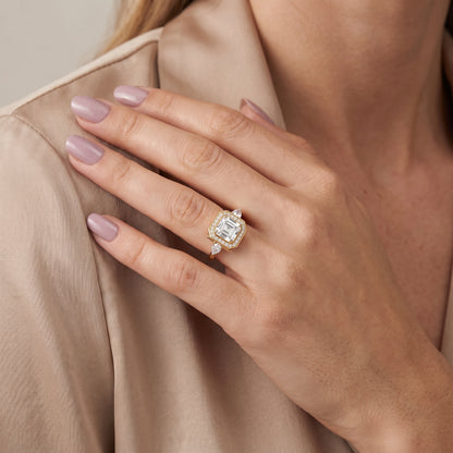 Eliza Halo Sidestone Asscher Diamond Engagement Ring in Yellow Gold - model.jpg