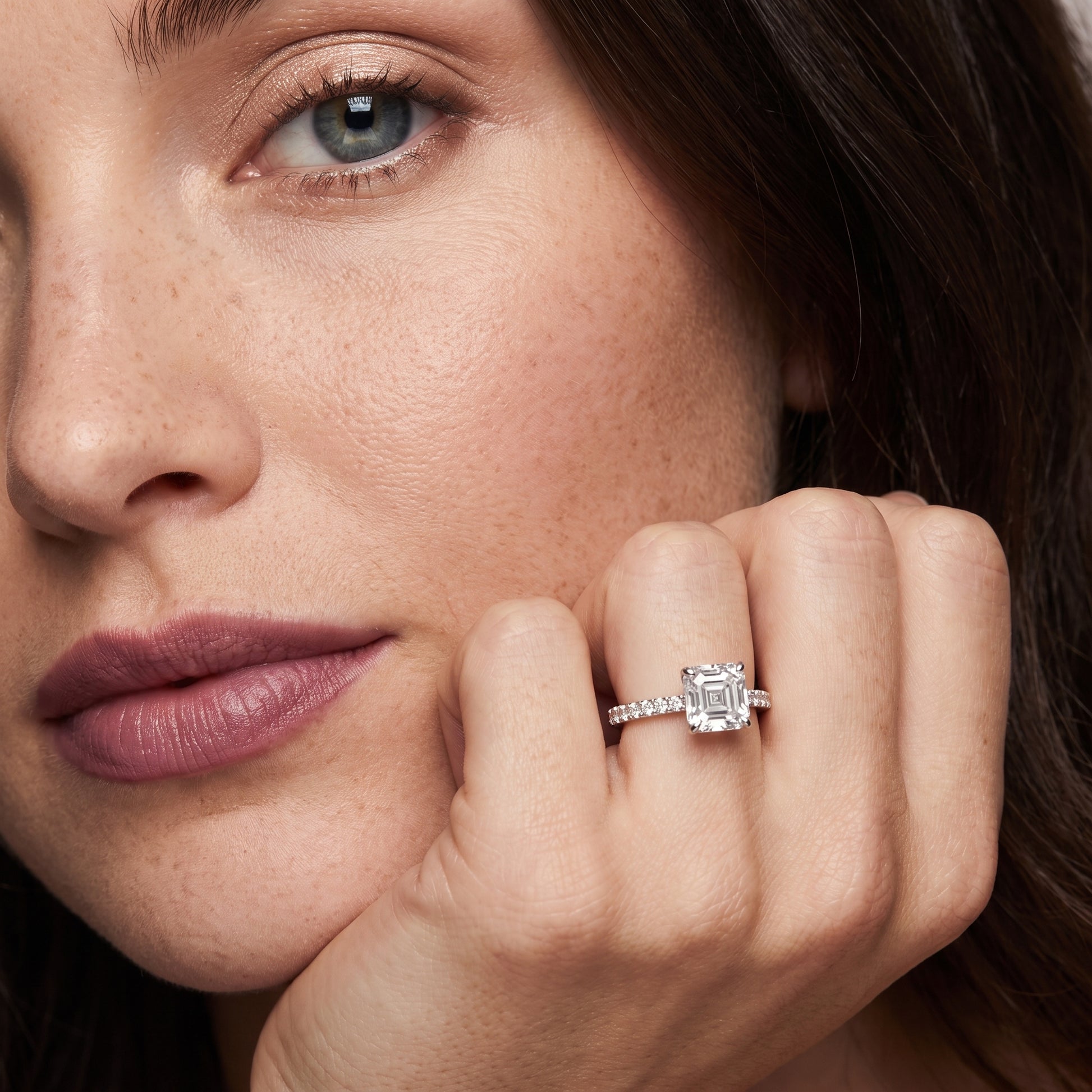 Aisha Pavé Solitaire Asscher Diamond Engagement Ring in Platinum - model.jpg