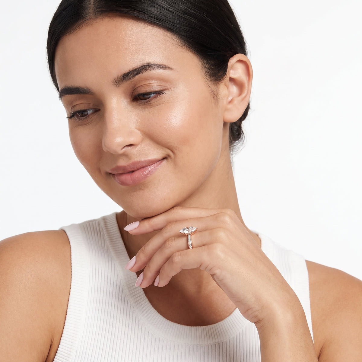 Rhea Sidestone Pavé Marquise Diamond Engagement Ring in Rose Gold - model.jpg