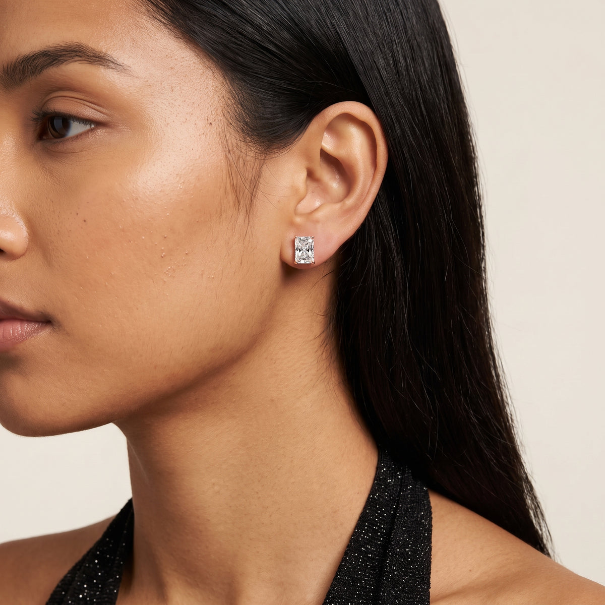 Four Prong Radiant Diamond Stud Earrings in Rose Gold - on model