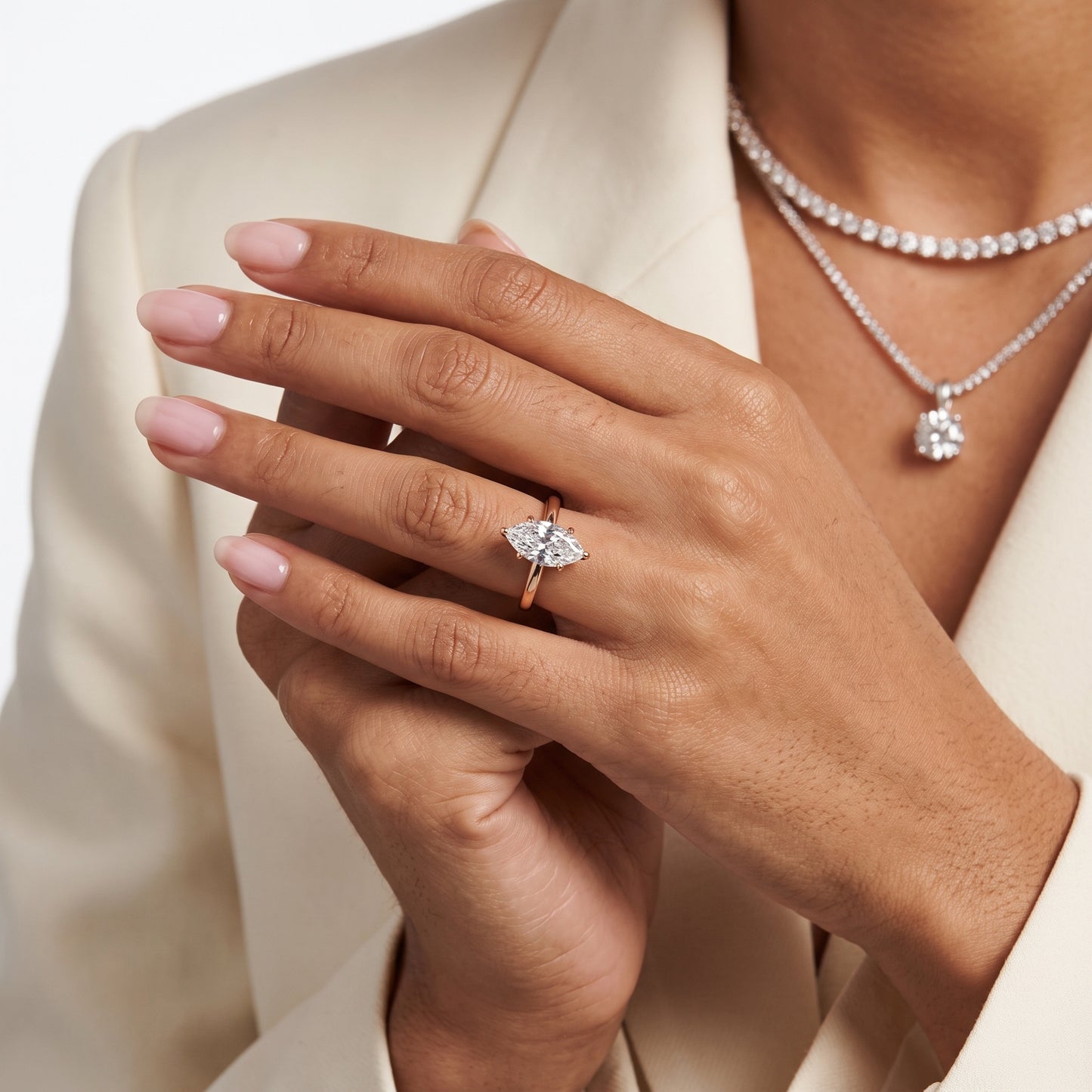 Liana Solitaire Claw Prong Marquise Diamond Engagement Ring in Rose Gold - model.jpg