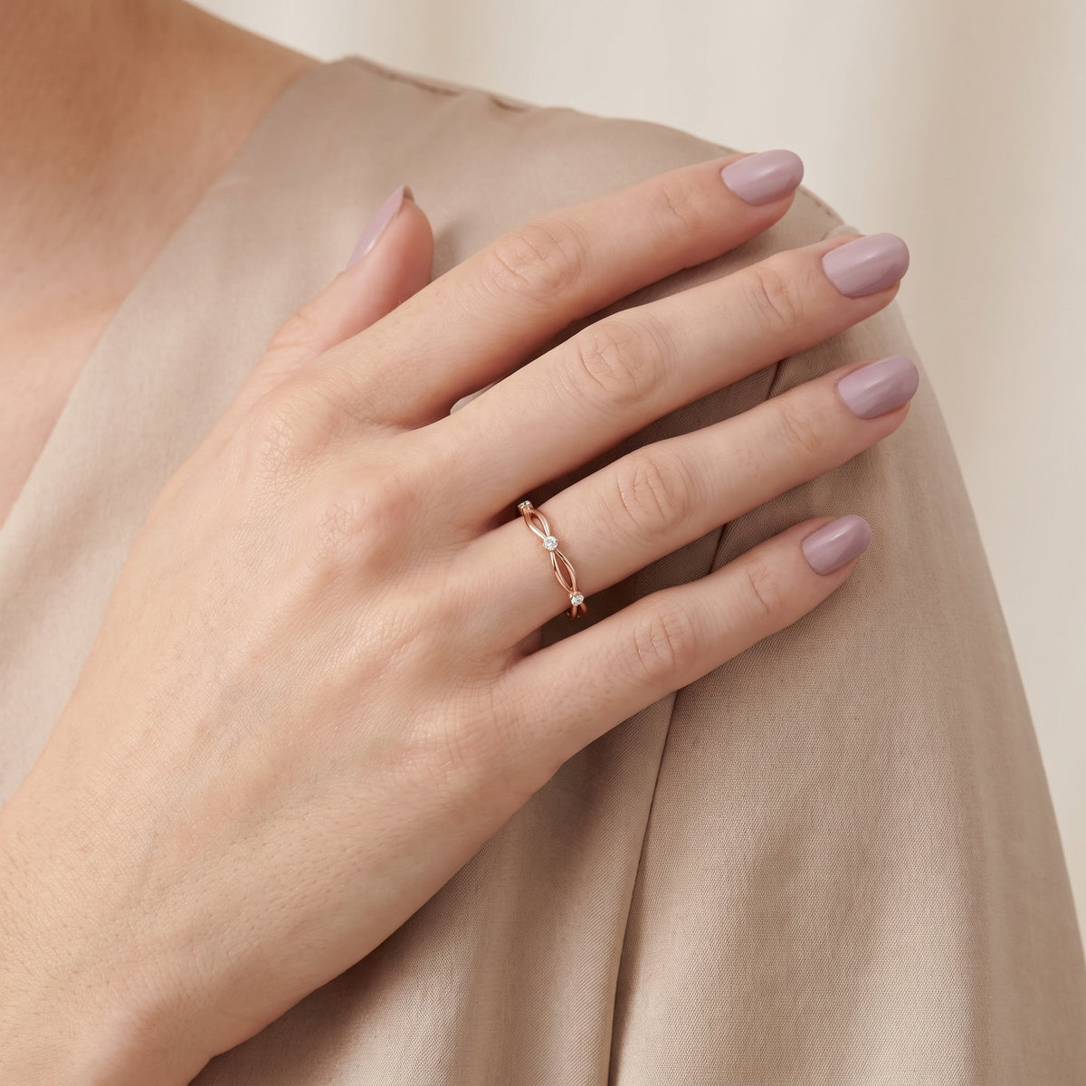 Clarissa Petite Twist Round Diamond Wedding Band in Rose Gold - model.jpg