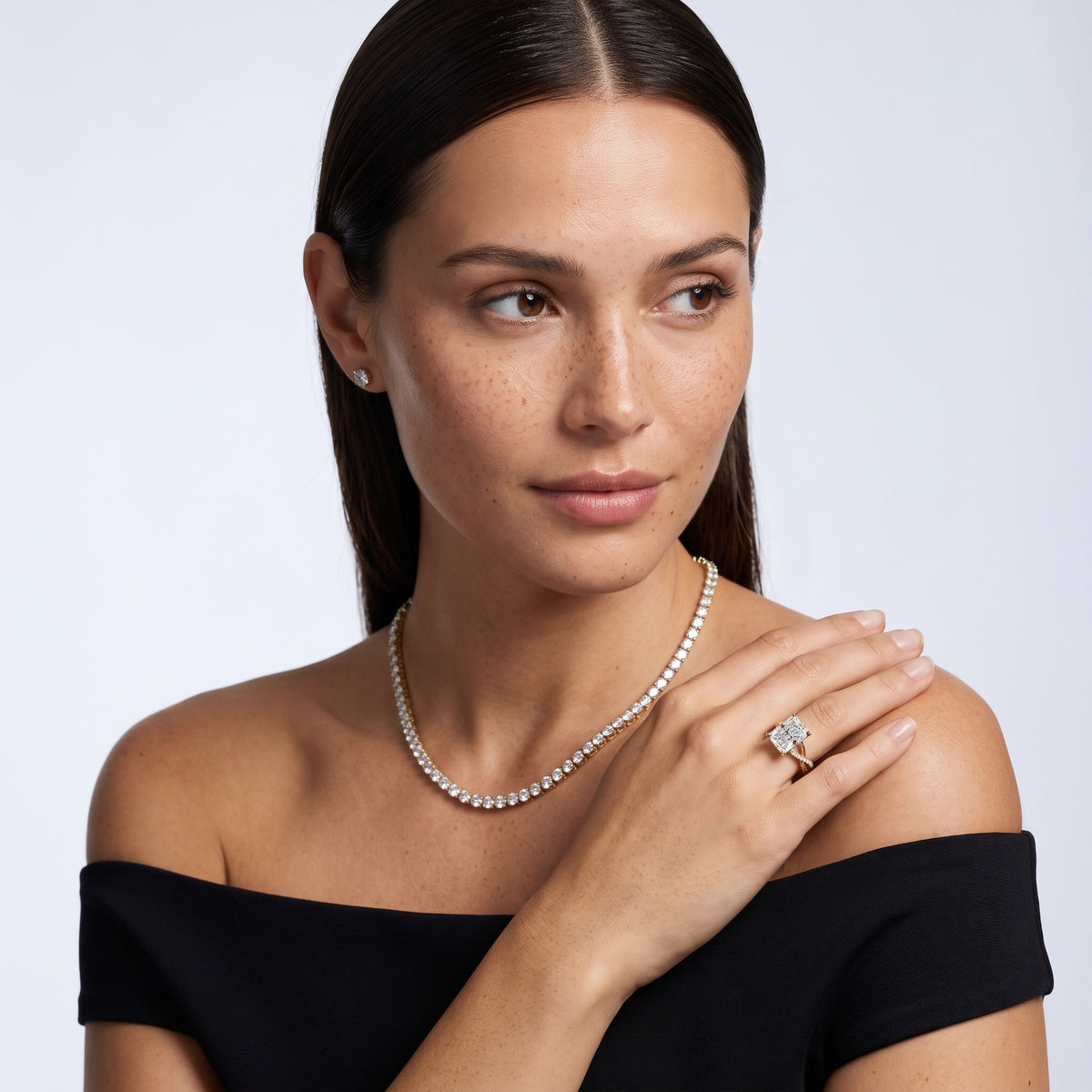 Carys Twist Pavé Radiant Diamond Engagement Ring in Silver - model.jpg