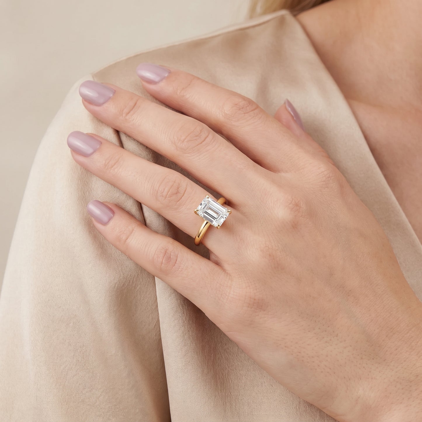 Amaya Hidden Halo Emerald Diamond Engagement Ring in Yellow Gold - model.jpg